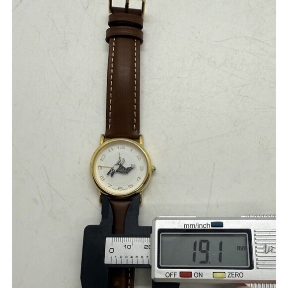 Vtg WRAP Boxer Dog Rotating Watch Gold Tone Round Face Brown Leather Band Arabic - Picture 6 of 8